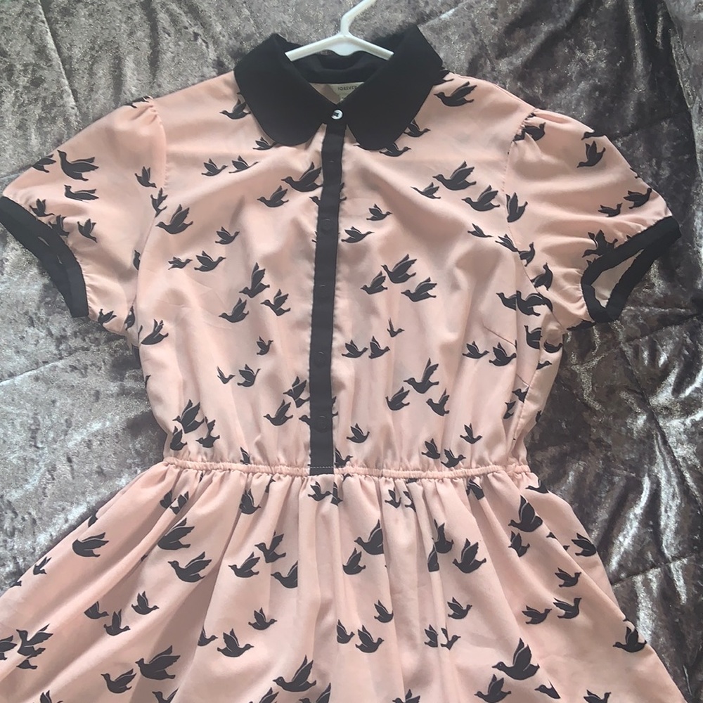 Button up pink dress with birds
